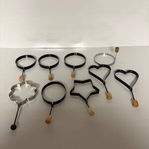 Metal Egg Rings Pancake Molds Wooden Handles Round Heart Star Flower Shapes 9 pc